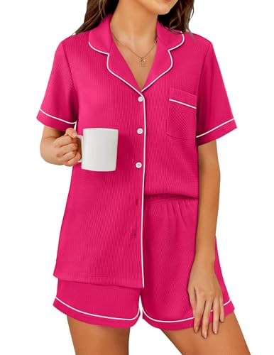 Ekouaer Womens Waffle Knit Pajama Sets Soft Short Sleeve Button Up Pjs - color: Rose, size: Medium