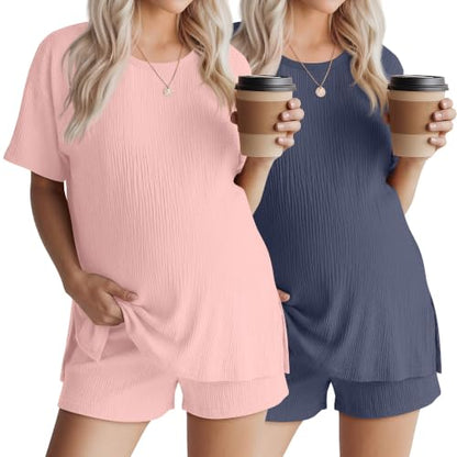 Riyiper 4 Pcs 100% Cotton Maternity Pajamas Sets - color: Pink, Haze Purple, size: Medium