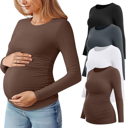 Huukeay 4 Pack Women's Maternity T-Shirts Long Sleeve Shirts - color: Black, Dark Gray, White, Coffee, size: X-Large