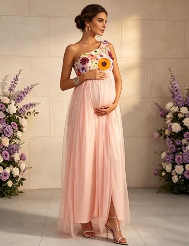 Maternity Maxi One Shoulder Floral Tulle Dress for Baby Shower - size: Medium