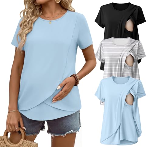 Ekouaer 3 Pack Nursing Shirts Short Sleeve Breastfeeding Tops Maternity Tee - color: Black/Light Blue/Gray White Stripes, size: Medium