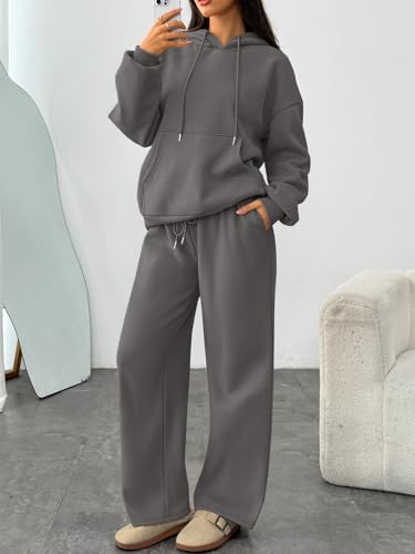 Trendy Queen Womens 2 Piece Lounge Sweat Sets Matching Sweatsuits - color: Black Grey, size: Large