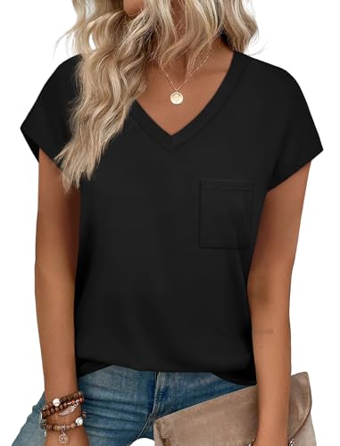 SAMPEEL Women's V Neck Cap Sleeve T-Shirt - color: Black, size: X-Large