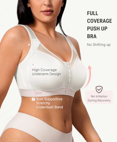FeelinGirl Front Closure Post Surgery Compression Bra with Adjustable Straps Wireless Breast Augmentation Post Op Bras - color: White, size: Medium