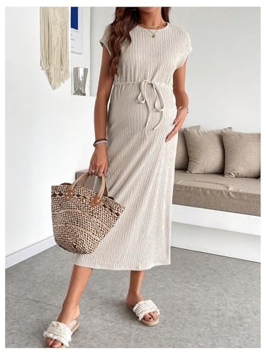 OYOANGLE Women's Maternity Summer Casual Short Sleeve Long Midi Dress - color: Apricot, size: Medium