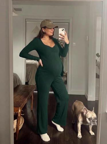 BLENCOT Maternity Ribbed Jumpsuit Long Sleeve Square Neck Stretchy Romper - color: Dark Green, size: X-Large