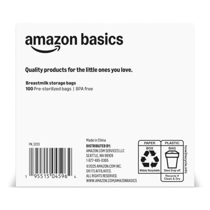 Amazon Basics Breastmilk Storage Bags, Pre-Sterilized, BPA Free, Double Zips, for Refrigeration and Freezer Storage, 100 Count, 6 fl oz (Previously Mama Bear)