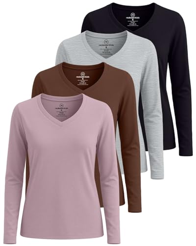 4 Pack Women's Long Sleeve Cotton V Neck Tshirts Basic Tees Tops Undershirt - color: Set 2, size: Large