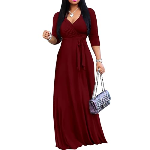 Mrskoala Women Plus Size Long Maxi Wrap Dresses Summer Sundress V-Neck 3/4 Sleeve - color: Winered, size: X-Large