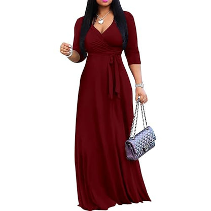 Mrskoala Women Plus Size Long Maxi Wrap Dresses Summer Sundress V-Neck 3/4 Sleeve - color: Winered, size: X-Large