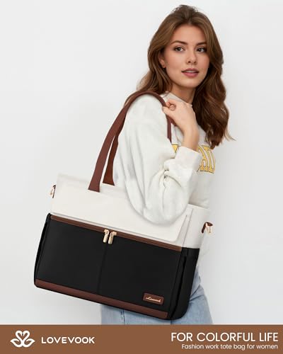 LOVEVOOK Laptop Tote Bag for Women – 15.6" Roomy Work Bag with Large Inside Cup Pocket, Multiple Pockets for Teacher Nurse, Large Capacity Carry on Travel, Computer Purse Handbag for Office College - color: Black&brown, size: 15.6 Inch