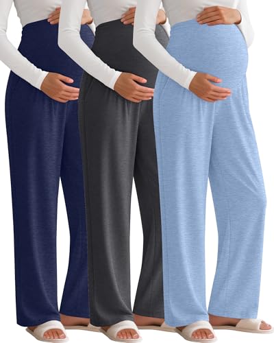 3 Pack Women's Maternity Lounge Pants with Pockets - color: Dark Blue,dark Heather Gray,light Blue, size: Large