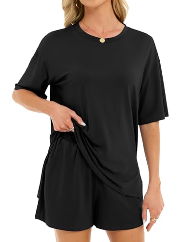 Women's 2 Piece Short Sets Loose Lounge Sets Oversized Summer Matching Sets - color: Black, size: Large