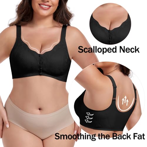 IWOLLENCE Womens Front Snap Closure Daisy Bras Soft Seamless Wireless Lace Bralettes Comfort Full Coverage Bra - color: Black, size: Large