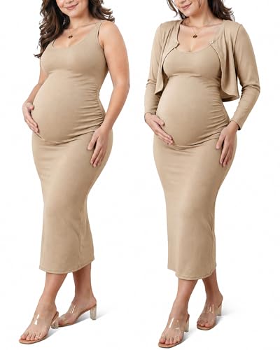 2 Piece Baby Shower Maternity Dress & Cardigan Set for Women - color: Light Coffee, size: Medium