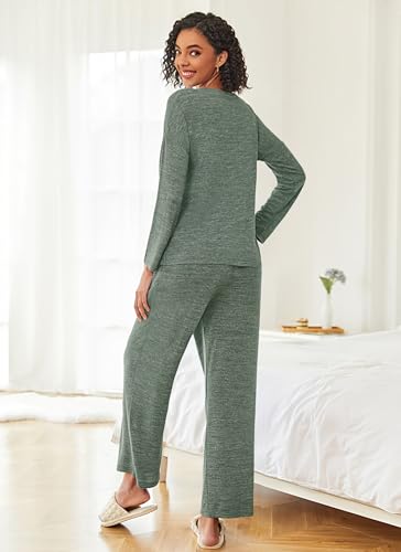 Ekouaer Womens Pajama Sets Button Up Long Sleeve Lounge Set Soft V Neck Pj - color: Army Green, size: Large