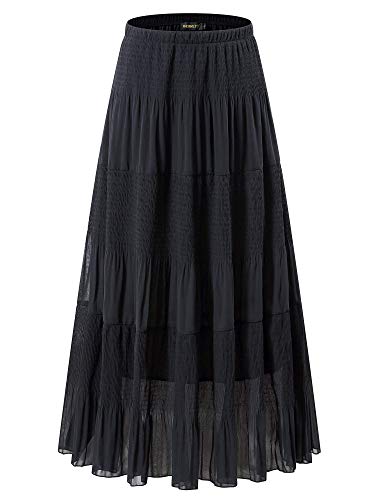 NASHALYLY Women's Chiffon Elastic High Waist Pleated A-Line Maxi Skirts - color: Black, size: Medium