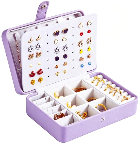 QBestry All-in-One Travel Jewelry Organizer for Women Violet | Small Jewelry Box with 68 Earring Holes | Compact Portable Jewelry Case for Earrings, Rings, Necklaces | Perfect Gifts for Mom Wife Girls - color: Violet, size: Small