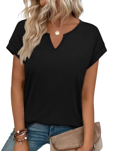 WIHOLL Womens Summer Tops 2026 Cap Short Sleeve Shirts V Neck Tshirts Spring Blouses Beach Vacation Clothes - color: Solid Black, size: Large