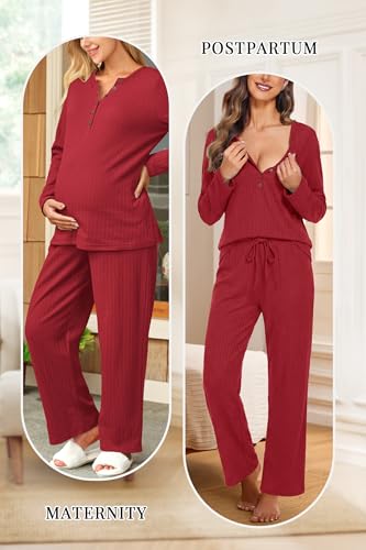 OUGES Women's Maternity Nursing Pajamas Sets Pregnancy Delivery Lounge Pjs - color: Red, size: Small