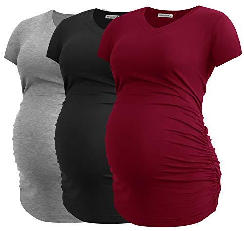 Smallshow Women's V Neck Maternity Clothes Tops Side Ruched Pregnancy T Shirt - color: Burgundy-black-grey(3 Pack), size: Medium