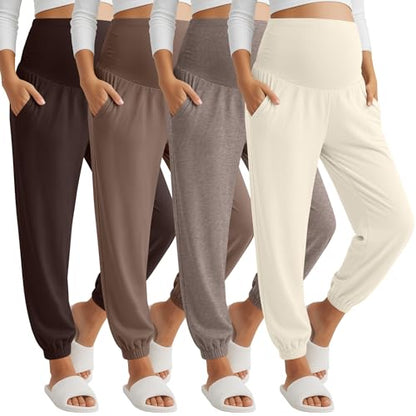 4 Pack Women's Maternity Jogger Pants - color: Beige, Light Coffee, Coffee, Dark Brown, size: XX-Large