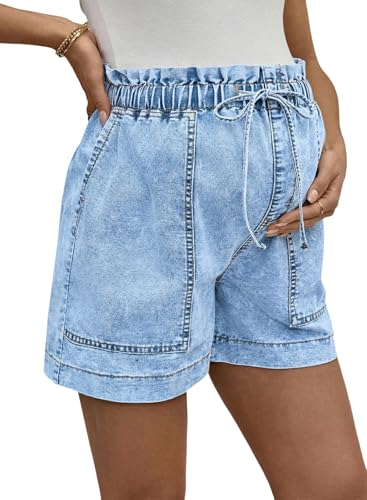 BLENCOT Maternity Jeans Shorts High Rise Stretchy Drawstring Postpartum - color: Myosotis, size: Large