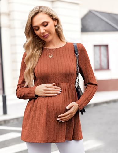 Maternity Shirts Dressy Long Sleeve Pregnancy Fall Tops Work Blouses - color: D-caramel, size: Medium