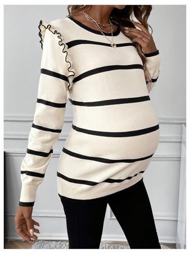 BEAUDRM Women's Maternity Sweater Striped Pattern Round Neck Long Sleeve Ruffle Tops - color: Black and White, size: Medium