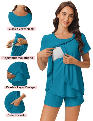 Ekouaer 3 PCS Maternity Nursing Pajamas Set Postpartum Breastfeeding PJS - color: Peacock Blue, size: Medium