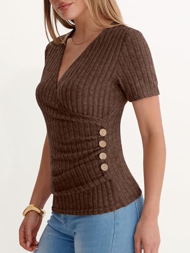 ANRABESS Women Short Sleeve V Neck Shirts - color: Brown, size: X-Large