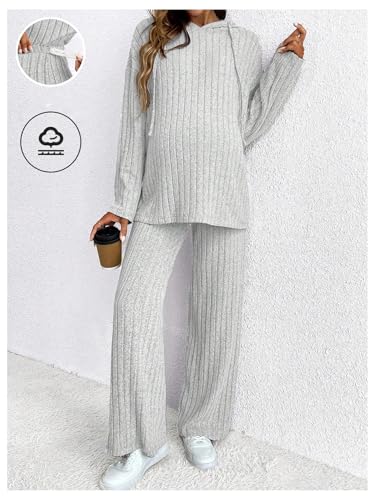MakeMeChic Women's Maternity 2 Piece Sets Ribbed Knit Hoodie Pants Outfits - color: Grey, size: Small
