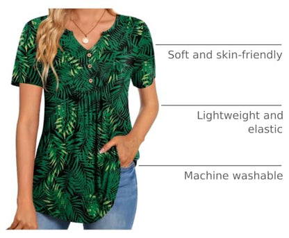 CATHY Womens Short Sleeve Tunic Tops Henley Shirt V Neck Button Up Blouse Casual Pleated Basic Pullover - color: Green Leaf-black, size: Medium