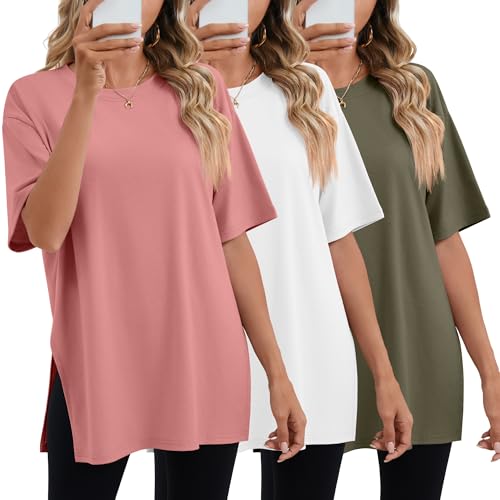 Huukeay 3 Pack Women's Oversized T Shirts Workout Tops - color: Army Green, White, Bean Paste Pink, size: Small