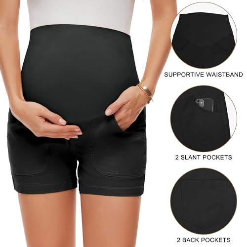 AMPOSH Women's Maternity Casual Cargo Shorts with Pockets Stretchy Summer Wear Pregnancy Clothes - color: Black, size: Medium