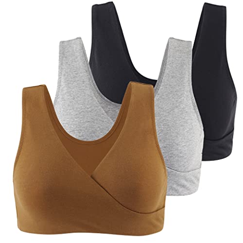KUCI Maternity Nursing Bra Wireless Cotton Breastfeeding Bra for Sleep - color: Black+grey+olive/3pack, size: X-Large