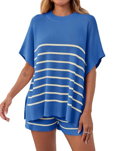 Fisoew Women's Striped 2 Piece Outfits Oversized Batwing Short Sleeve Tops High Waisted Shorts Summer Knit Lounge Short Sets - color: Blue, size: Large