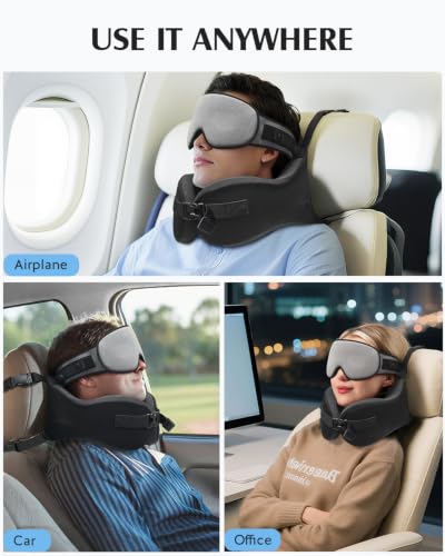 YFONG Travel Pillow with Head Support & Sleep Mask for Long Flights, Grey - color: Grey
