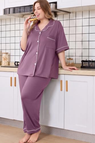 Women Plus Size Button Down Pajamas Long Pants Lounge Sets PJS - color: Hazy Purple, size: 4X-Large