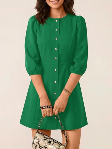 Wenrine Womens Work Mini Dress 3/4 Sleeve Button Down Business Dresses - color: Green, size: Medium