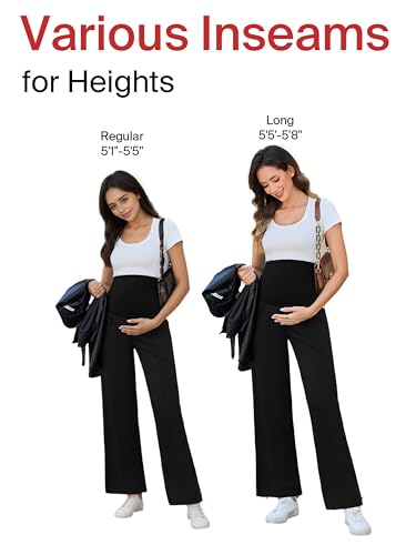 Ecavus Women's Maternity Pants Over Belly Seamless Stretchy Work Pants Maternity Wide Leg Pants with Pockets - color: Black-long, size: X-Small