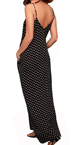LILBETTER Women V-Neck Polka Dot Print Spaghetti Strap Boho Long Maxi Dresses - color: 01black Dot, size: Large