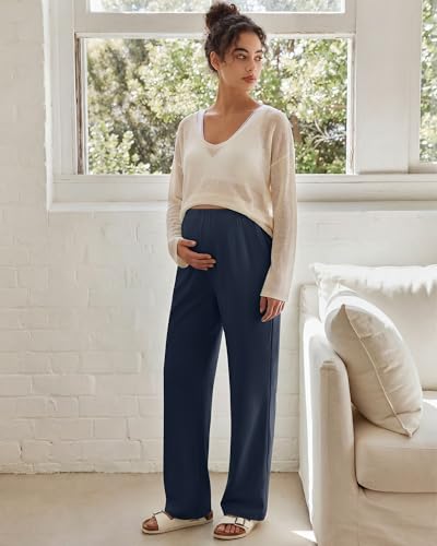 G4Free Chillwhisp Maternity Pants Lightweight with Adjustable Waisted Pregnancy Wide Leg Trousers Summer - color: Dark Navy, size: Medium