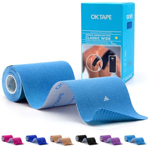 OK TAPE Extra Wide Kinesiology Tape for Shoulder, Back, Precut Strips - color: Blue, size: 1 Roll