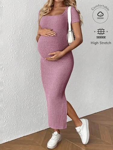 MakeMeChic Women's Maternity Baby Shower Dress Square Neck Bodycon Dresses - color: Hot Pink, size: Medium