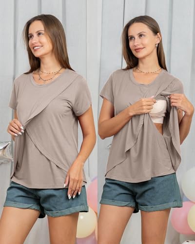 Rnxrbb 3 Pack Nursing Tops for Women Maternity Breastfeeding Shirts - color: Black&beige&deep Pink, size: Large