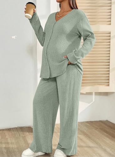 BLENCOT Maternity Lounge Set 2 Piece Long Sleeve Top and Pants with Pockets - color: Light Green, size: Medium