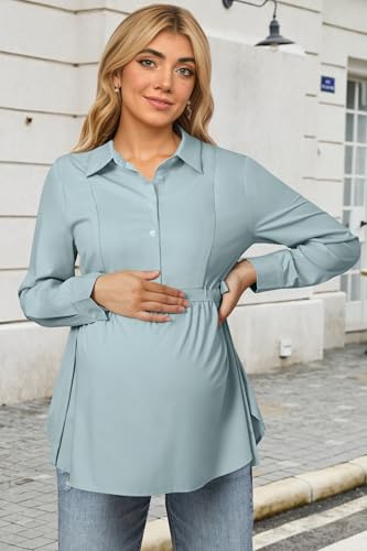 OUGES Women's Maternity Nursing Shirts Long Sleeve Hidden Zippers Pregnancy Blouse Button Down Work Office Tops 2025 - color: Gray Green, size: Small