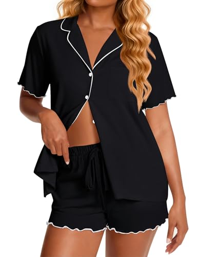 Ekouaer Womens Pajama Sets Bamboo Viscose Button Up Pjs 2 Piece Lounge Set - color: Black, size: Large