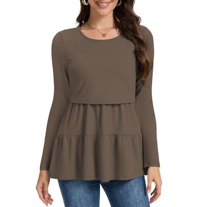 Bearsland Long Sleeve Nursing Top - color: Black & Iron Gray & Tea Brown, size: Small